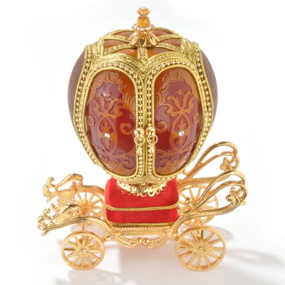 Faberge-Inspired "Crimson Carriage" Handcrafted Musical Egg w/ Plated Stand
