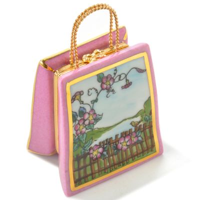 Pink Floral Bag w/ Fence Handcrafted Limoges Porcelain Decorative Box