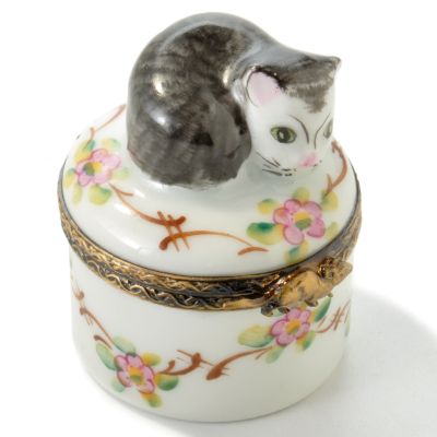 Cat Sleeping on a Flowery Box Handcrafted Limoges Porcelain Decorative Box