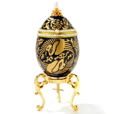 Faberge-Inspired "Art in Black" Hand-Painted Musical Egg w/ 24K Stand
