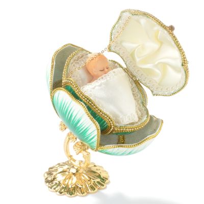 Faberge-Inspired "Stork's Precious Gift" Hand-Painted Egg w/ 24K Stand