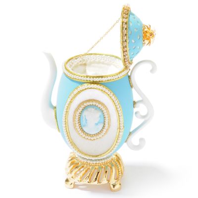 Faberge-Inspired "Pretty Teapot" Hand-Painted Egg w/ 24K Plated Stand