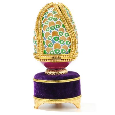Faberge-Inspired "Magnificent Peacock" Hand-Painted Musical Egg w/24K Stand