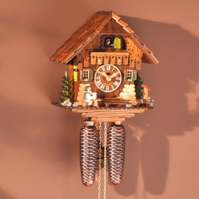 K25551 - Hubert Herr Log Pile Chalet Moving Figurine  Wood Black Forest Cuckoo Clock