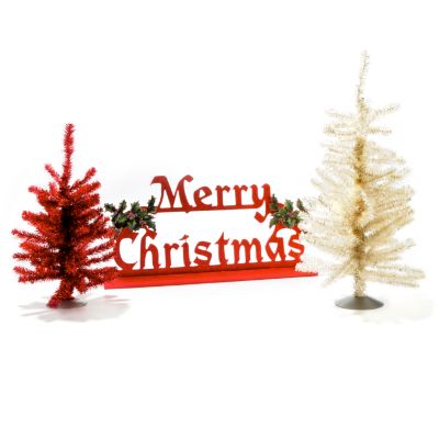 Vintage Style Three-Piece "Merry Christmas" Sign & Tinsel Tree Holiday Set