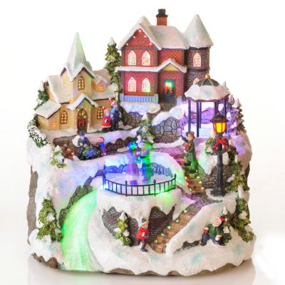 Animated Musical Christmas Village Scene w/ Fiber Optic & LED Lights