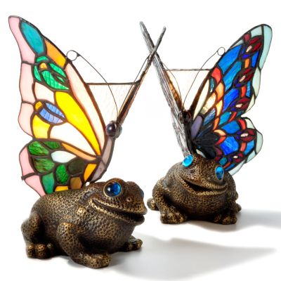 K40447 - Butterfly with Frog or Turtle Stained Glass Accent Lamps - Set of Two