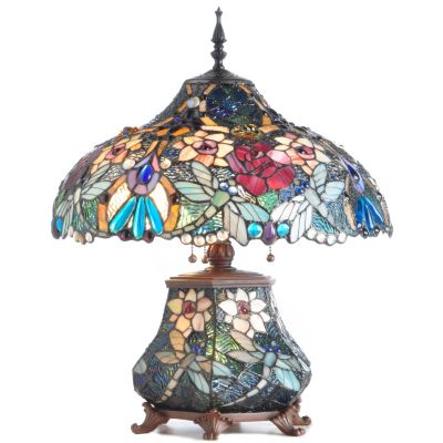 K40461 - 23" Dragonfly & Floral Stained Glass Double-Lit Table Lamp