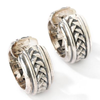 Sterling Silver Polished Line & Weave Hoop Earrings