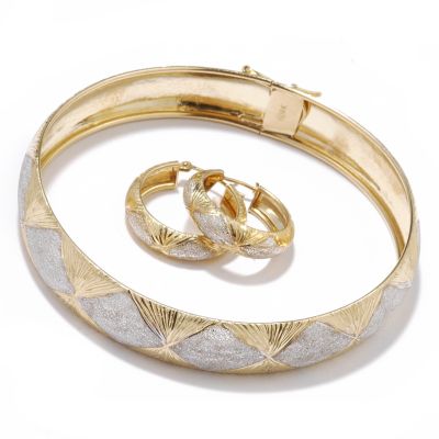 10K WG/YG Diamond Pattern Bangle Bracelet & Hoop Earrings Set