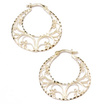14K Gold Diamond Cut Filigree Hoop Earrings