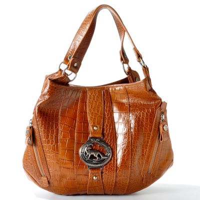 S50907 - Emma Fox Medallion Detail Croco Embossed Glazed Leather Shopper Handbag