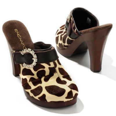 Encanto Rhinestone Buckle Detail Animal Print Calf Hair Mule Shoes