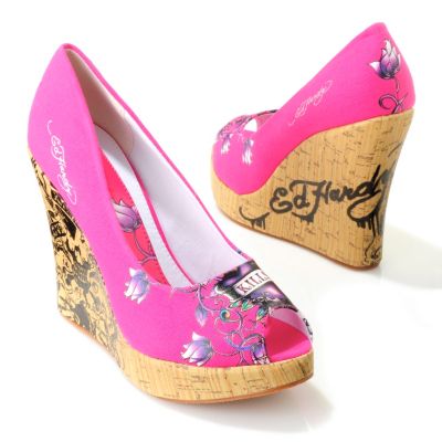 S51497 - Ed Hardy&reg; Women's "Casablanca" Canvas Peep Toe Cork Wedge Shoes