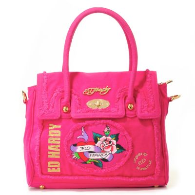S51622 - Ed Hardy&reg; "Freydie" Frayed Edge Detail Large Canvas Satchel Handbag