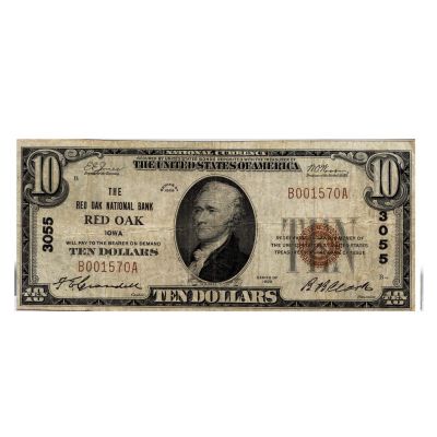 1929 $10 Small Size National Currency Note CH#3055 Red Oak National Bank
