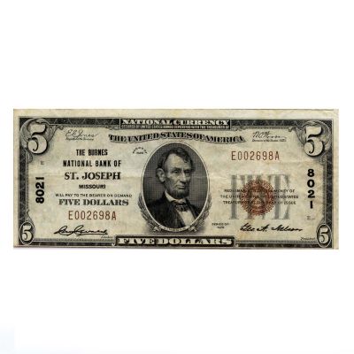 1929 $5 Small Size National Currency Note CH#8021 St. Joseph, Missouri