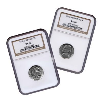 1938-D Jefferson & Buffalo Nickels Two Coin Set MS66 NGC