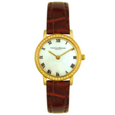 Christian Bernard Women's Slimlight Crystal Accent Leather Strap Watch