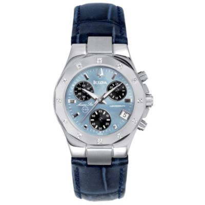 U103990 - <strong> Bulova Women's Marine Star Chronograph Blue Leather Strap Watch </