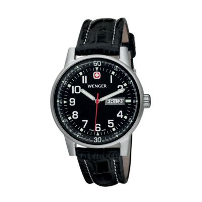 U105273 - Wenger Men's Swiss Commando Day-Date XL Black Leather Strap Watch