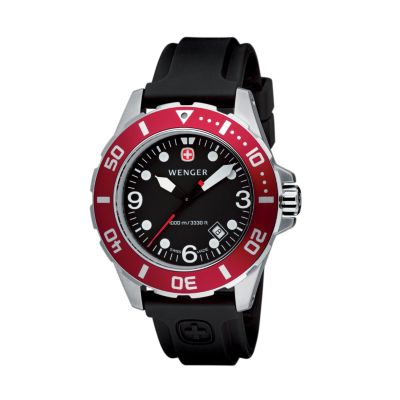 U105310 - Wenger Men's AquaGraph 1000m Red Bezel Black Rubber Strap Watch