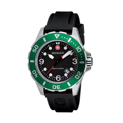 Wenger Men's AquaGraph 1000m Green Bezel Black Rubber Strap Watch