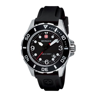 Wenger Men's AquaGraph 1000m Black Bezel Black Rubber Strap Watch