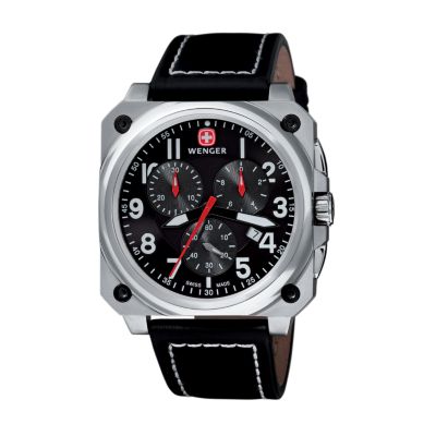 Wenger Men's Swiss AeroGraph Cockpit Chrono Black Leather Strap Watch