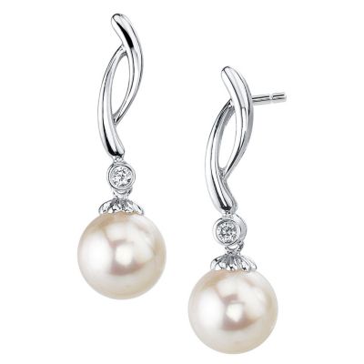 14K White Gold AAA Quality 7.5-8.0mm Cultured Akoya Pearl & Diamond Drop Earrings, $593.48