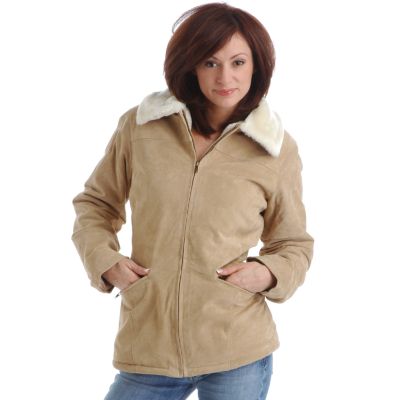 Excelled Women's Faux Fur Collar Washable Suede Jacket