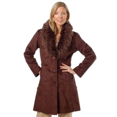 Excelled Women's Faux Fur Collar Faux Shearling Walker Coat