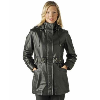 Excelled Women's Removable Hood Studded Leather Anorak Coat