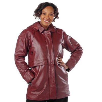 Excelled Women's Hooded Stitch Detail Leather Parka