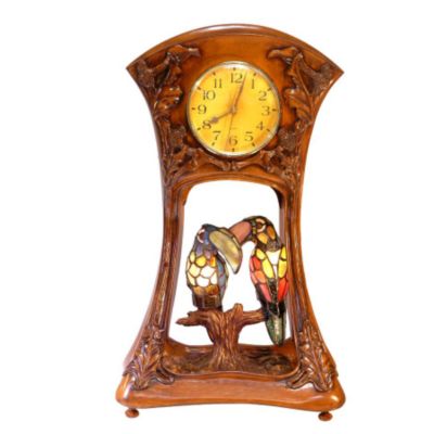 "Renee" Mantle Clock w Lit Stained Glass Toucan Pair