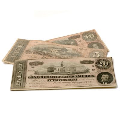 Confederate Currency $5, $10, $20