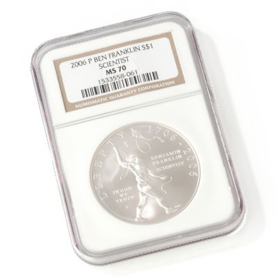 V40252 - 2006 Silver Benjamin Franklin Scientist Commemorative Dollar MS70
