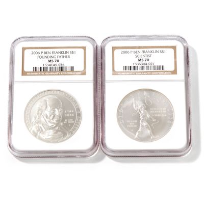 V40288 - 2006 Bejamin Franklin S $1 "Founding Father" & "Scientist" Coins MS70 NGC