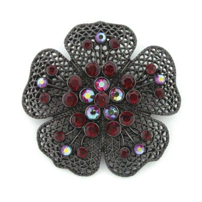 Jet & Siam Colored Crystal Flower Brooch