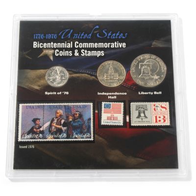 Bicentennial Commemorative Coin & Stamp Set in Acrylic Holder w/ Dust Cover