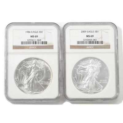 1986 & 2009 $1 Silver American Eagle Pair MS69 NGC (2 Coins Total)