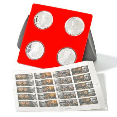 Four Silver Lincoln Cent Replica Coins w/ Stamp Sheet