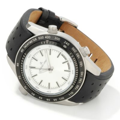 Jacques Lemans Men's Turntable Dual Time Stainless Steel Leather Strap Watch
