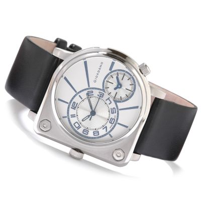 Giordano Men's Dual Time Stainless Steel Leather Strap Watch