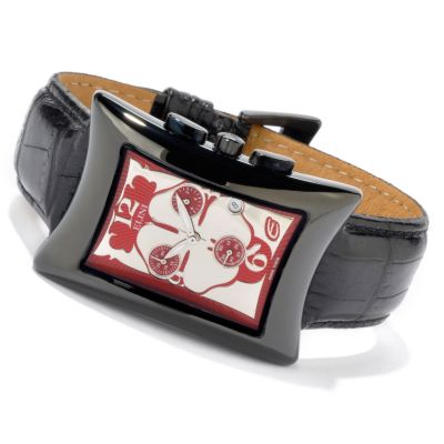 Elini Mid-Size Nazar Lucky Clover Black Case Chronograph Leather Strap Watch