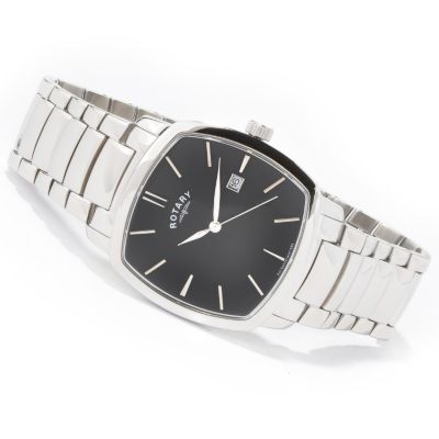Rotary Men's Rounded Square Black Dial Stainless Steel Bracelet Watch