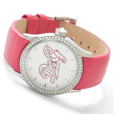 Dolce & Gabbana Women's Popular Crystal Accent Pink Leather Strap Watch