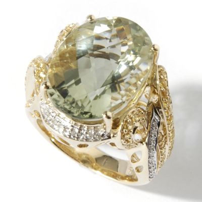 14K Green Amethyst, Yellow Sapphire & Diamond Ring