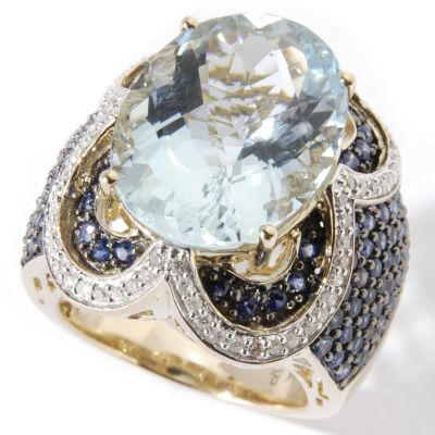 14K Aquamarine, Sapphire & Diamond Ring